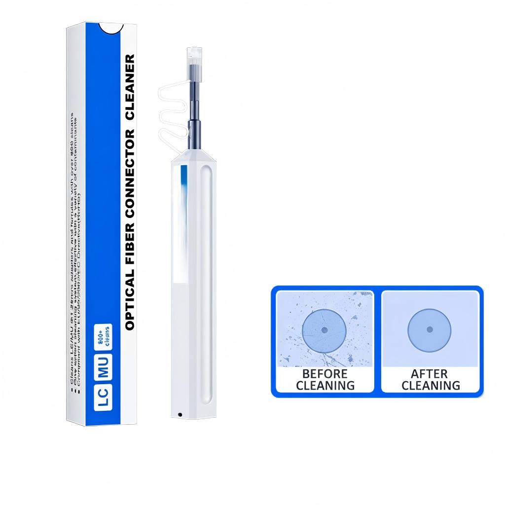 1.25mm LC/MU Fiber Optic Cleaning Pen showing microscopic before and after cleaning results